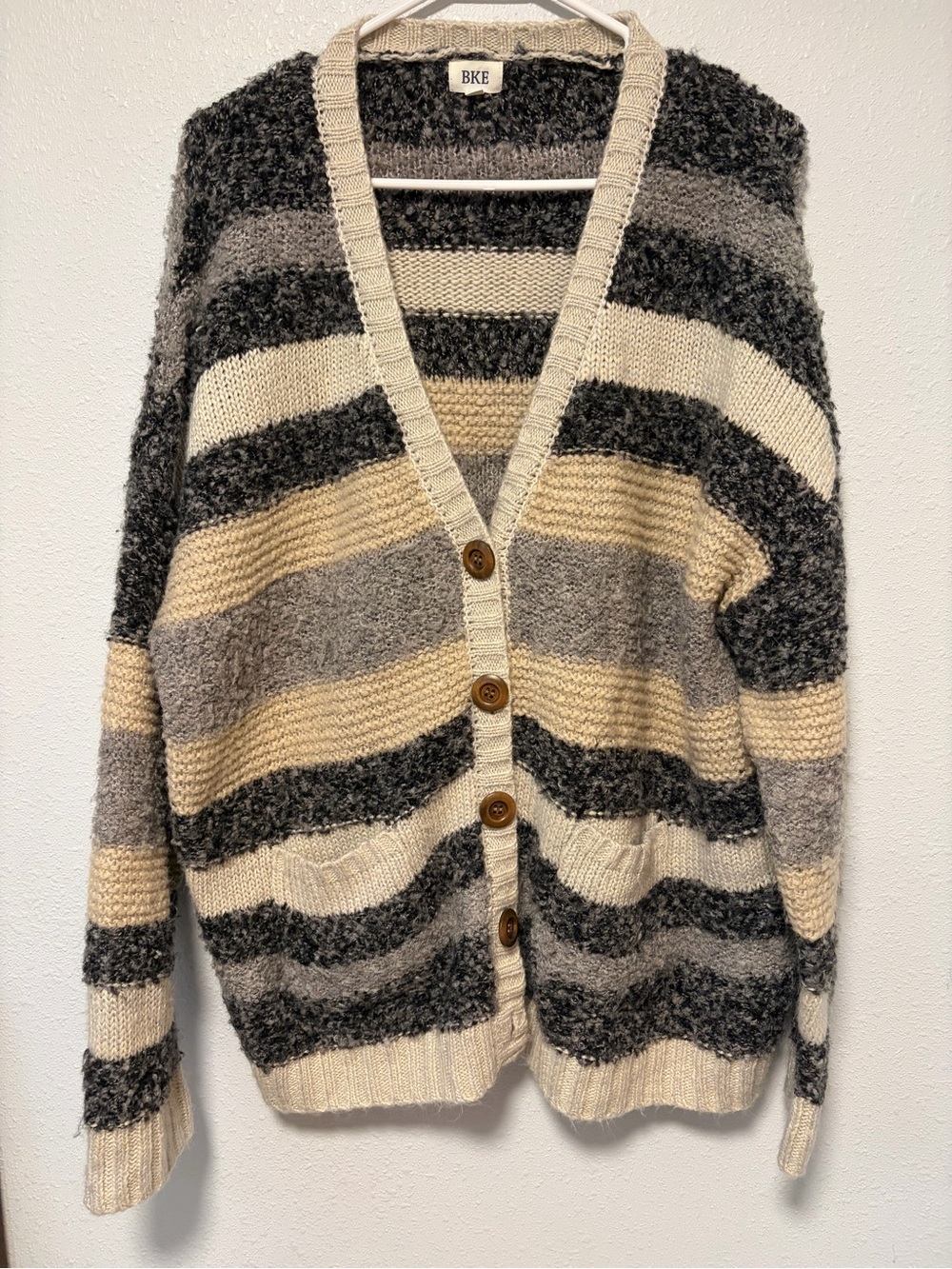 BKE Striped Button Cardigan in Cream, Gray & Black